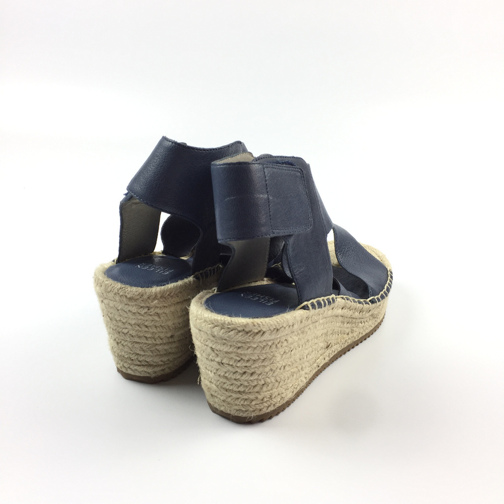 Eileen Fisher Navy Blue Leather Espadrille Wedge Sandals - Picture 4 of 8